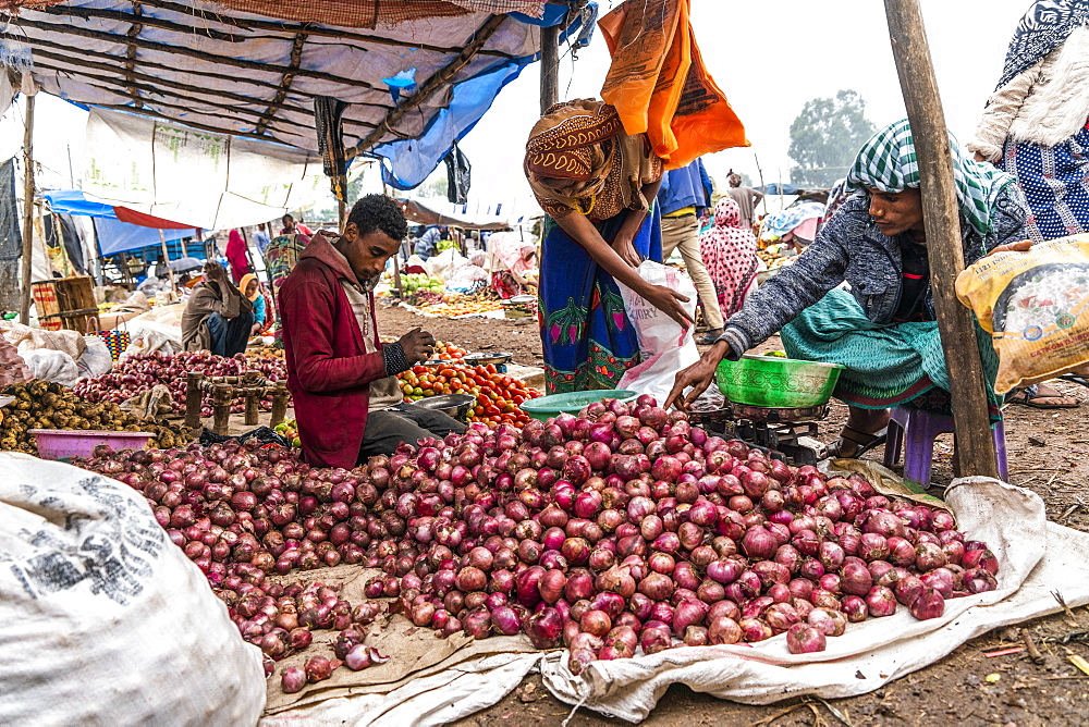 Man selling onions in Bati market, Amhara Region, Oromia, Ethiopia, Africa