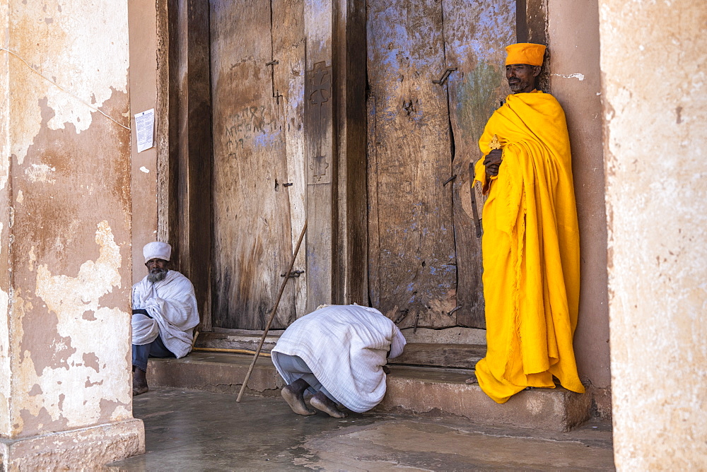 Ethiopian Orthodox priests praying, Abreha We Atsbeha church, Tigray Region, Ethiopia, Africa