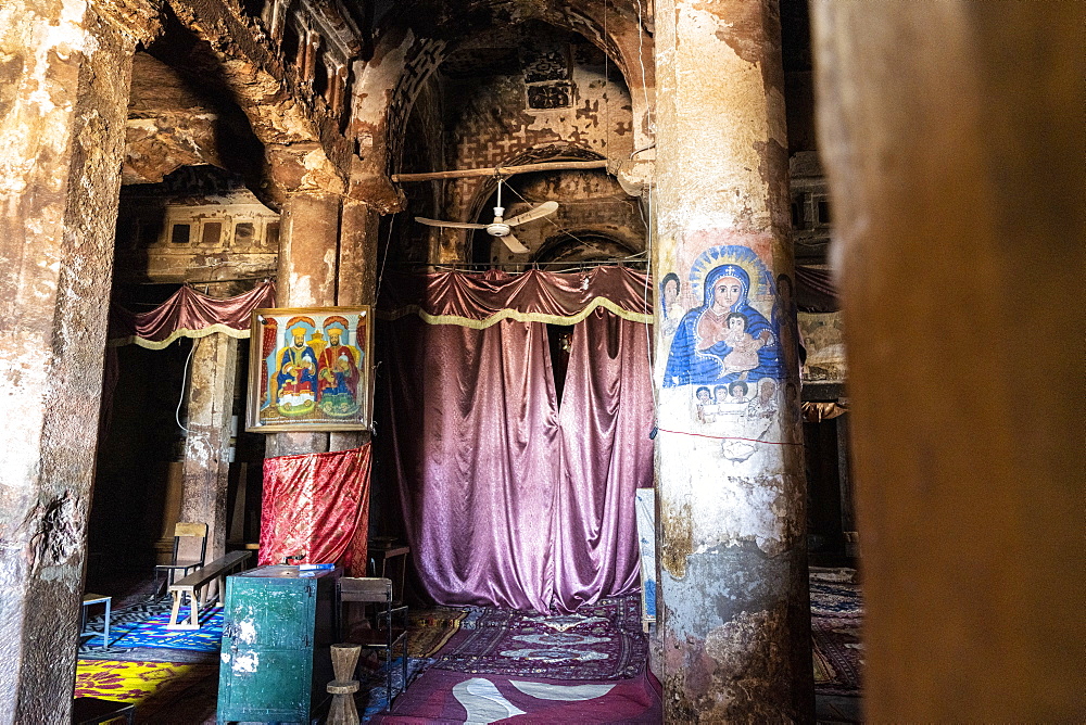 Frescoes and paintings on pillars inside Abreha We Atsbeha church, Tigray Region, Ethiopia, Africa