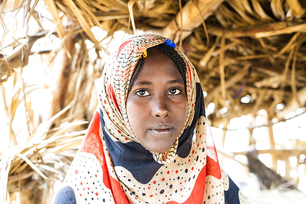 Portrait of woman wearing Muslim traditional Hijab, Melabday, Asso Bhole, Danakil Depression, Afar Region, Ethiopia, Africa