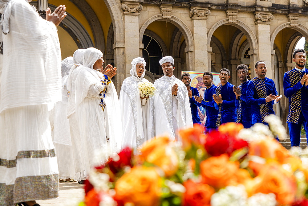 People of Orthodox congregation singing together during a religious service, Holy Trinity Cathedral, Addis Ababa, Ethiopia, Africa