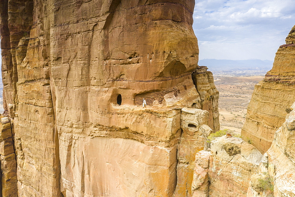 Aerial view of opening carved in rocks, entrance of Abuna Yemata Guh church, Gheralta Mountains, Tigray Region, Ethiopia, Africa