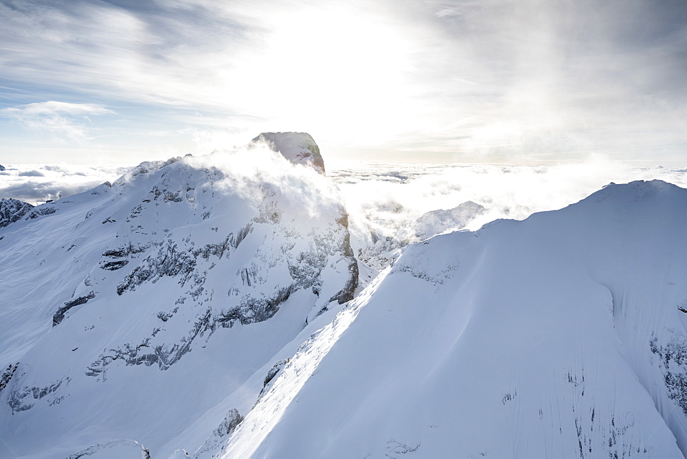 Aerial view of Punta Penia and west ridge of Marmolada in winter, Dolomites, Trentino-Alto Adige, Italy, Europe