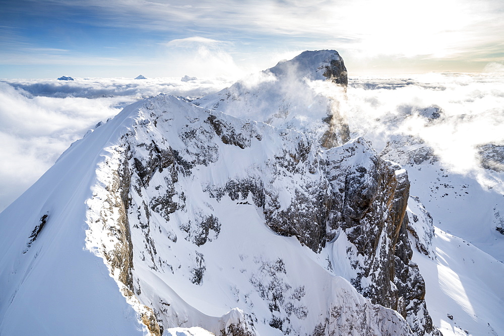 Aerial view of Punta Penia and west ridge of Marmolada covered with snow, Dolomites, Trentino-Alto Adige, Italy, Europe