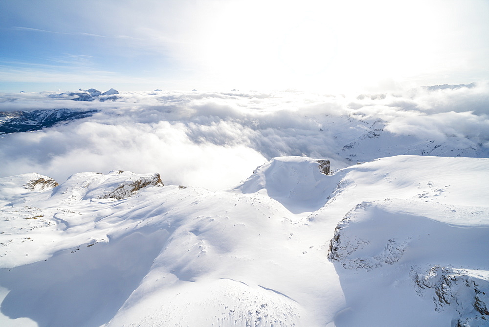 Aerial view of Sass Pordoi covered with snow, Sella group, Dolomites, Trentino-Alto Adige, Italy, Europe