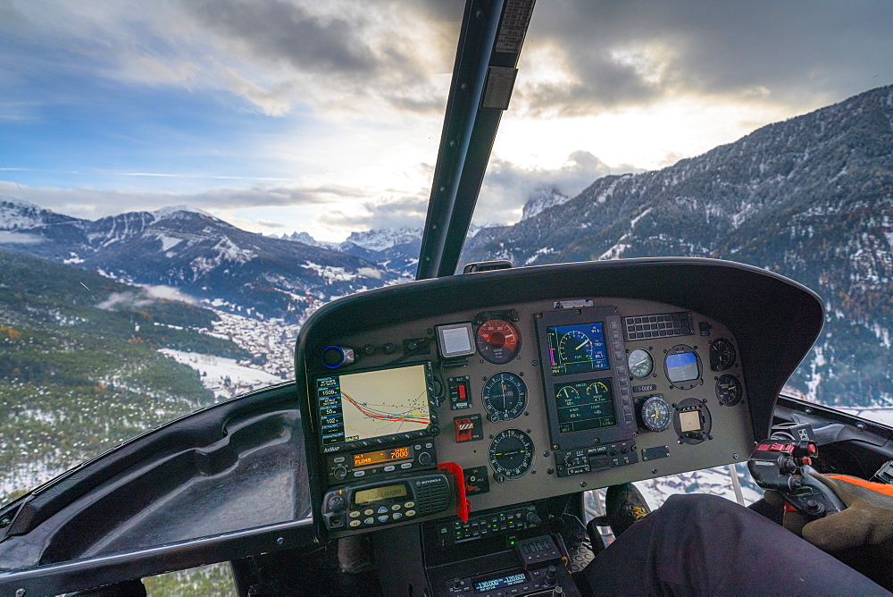 Cockpit of helicopter flying over the Dolomites, Trentino-Alto Adige, Italy, Europe