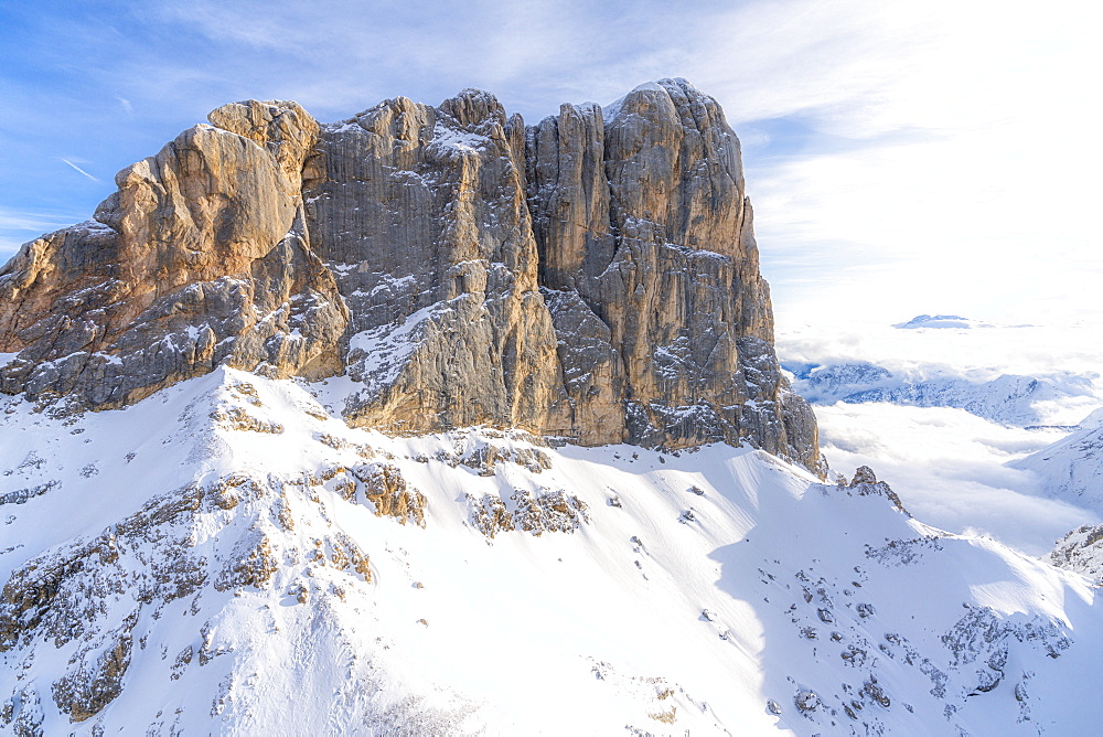 Aerial view of west ridge and south face of Punta Penia in winter, Dolomites, Trentino-Alto Adige, Italy, Europe