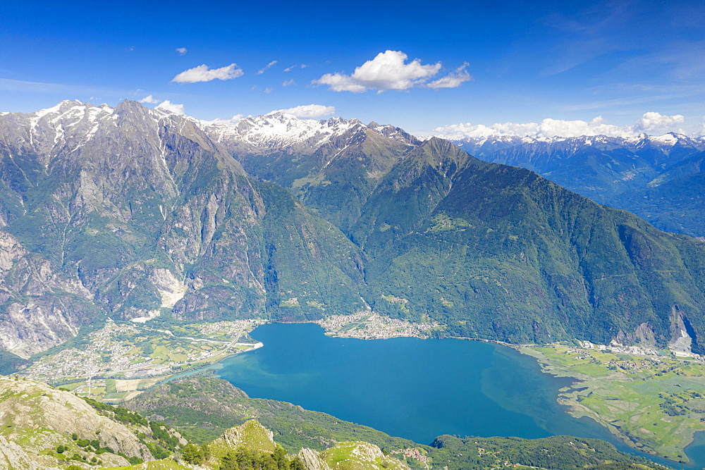 Aerial view of Novate Mezzola lake in spring, Valchiavenna, Sondrio province, Valtellina, Lombardy, Italy, Europe