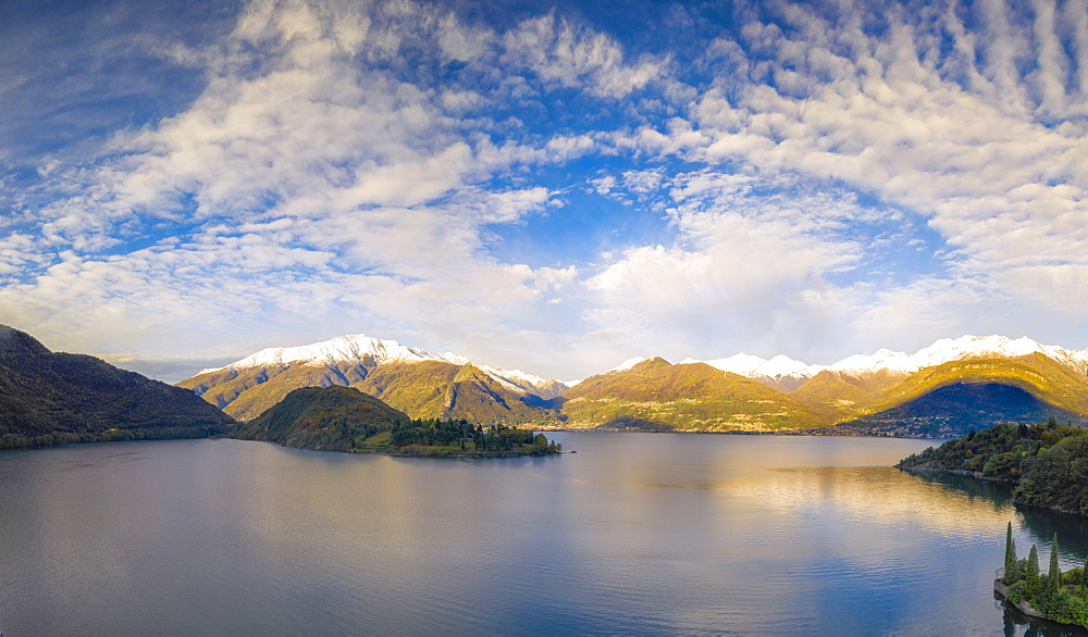 Aerial view by drone of Piona and Monti Lariani, Lake Como, Colico, Lecco province, Lombardy, Italian Lakes, Italy, Europe