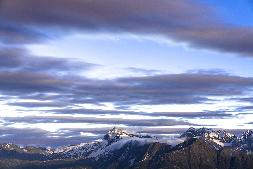 Aerial view of Pizzo Scalino mountain peak during sunrise, Valmalenco, Sondrio province, Valtellina, Lombardy, Italy, Europe