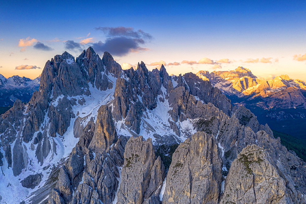 Sharp pinnacles of Cadini di Misurina mountains at sunrise, Dolomites, Belluno province, Veneto, Italy, Europe