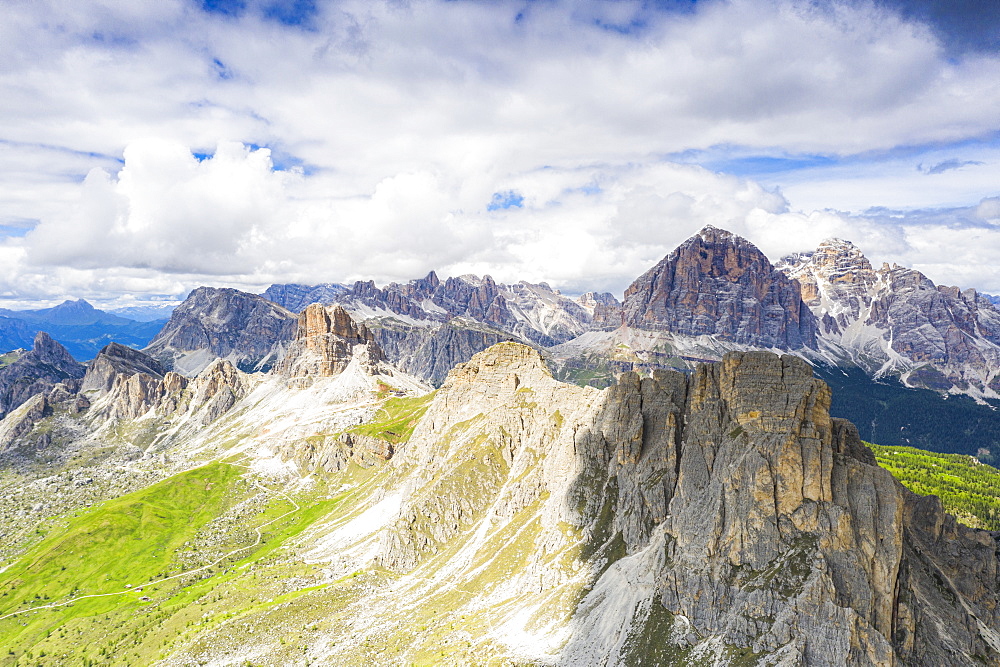 Aerial view of Giau Pass, Ra Gusela, Nuvolau, Averau and Tofane mountains, Dolomites, Belluno province, Veneto, Italy, Europe