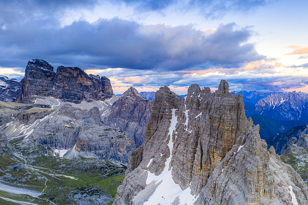 Sunset over Croda dei Toni, Cima dell'Agnello and Campanili del Marden, aerial view, Dolomites, South Tyrol/Veneto, Italy, Europe