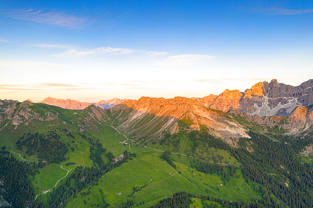 Aerial view of Gampen Alm, Kaserill Alm and Rifugio Genova hut, Puez-Odle nature park, Funes, South Tyrol, Dolomites, Italy, Europe