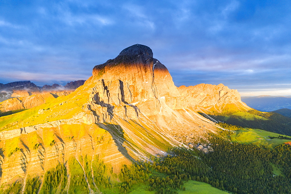 Aerial view of Sass De Putia and Odle di Eores (Aferer Geisler) at sunrise, Passo Delle Erbe, Dolomites, South Tyrol, Italy, Europe