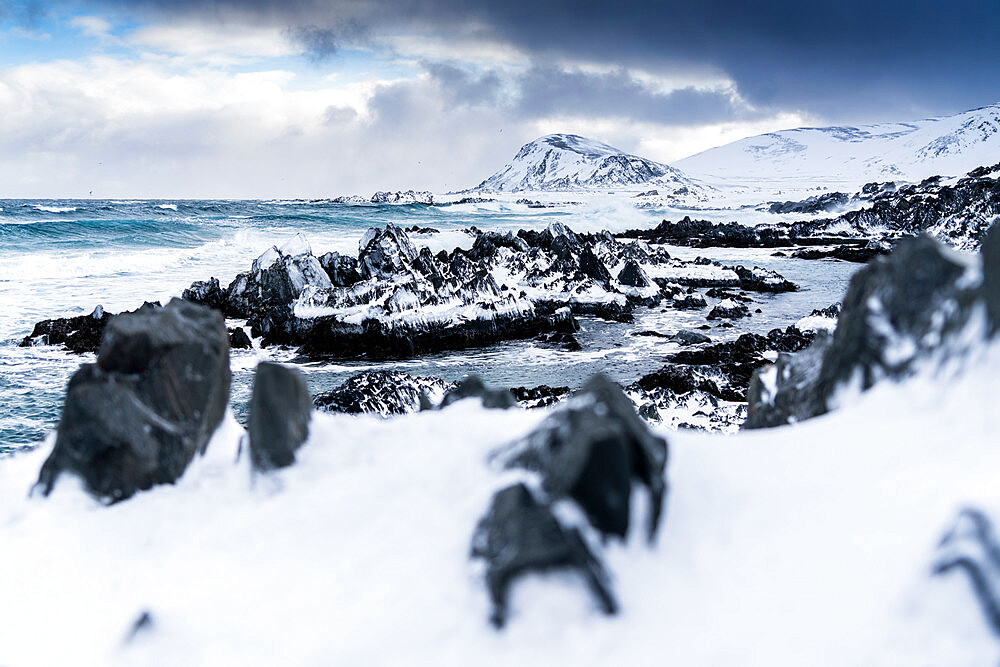 Cliffs covered with snow on coastline of the cold Barents Sea, Sandfjorden, Arctic Ocean, Varanger Peninsula, Finnmark, Norway, Scandinavia, Europe