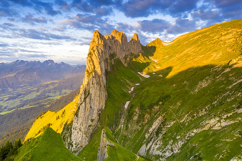 Sunrise on rocky peak of Saxer Lucke mountain in summer, Appenzell Canton, Alpstein Range, Switzerland, Europe