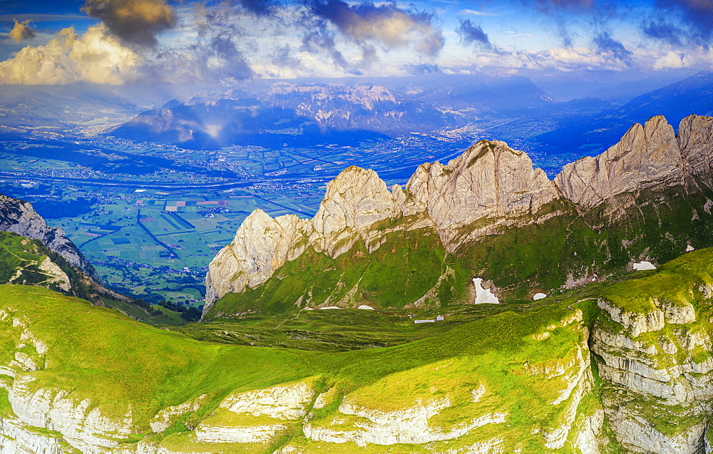 Sunset on Saxer Lucke with the town of Buchs in St. Gallen canton in the background, aerial view, Appenzell Canton, Switzerland, Europe