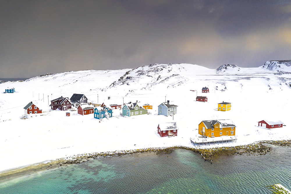 Aerial view of the fishing village of Veines in winter, Kongfjord, Varanger Peninsula, Troms og Finnmark, Norway, Scandinavia, Europe