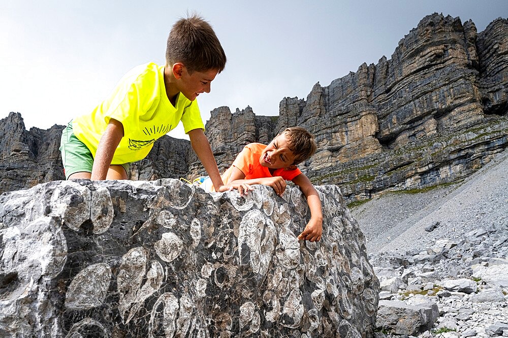 Smiling little boys looking at fossils on rocks, Orti della Regina, Brenta Dolomites, Madonna di Campiglio, Trentino, Italy, Europe