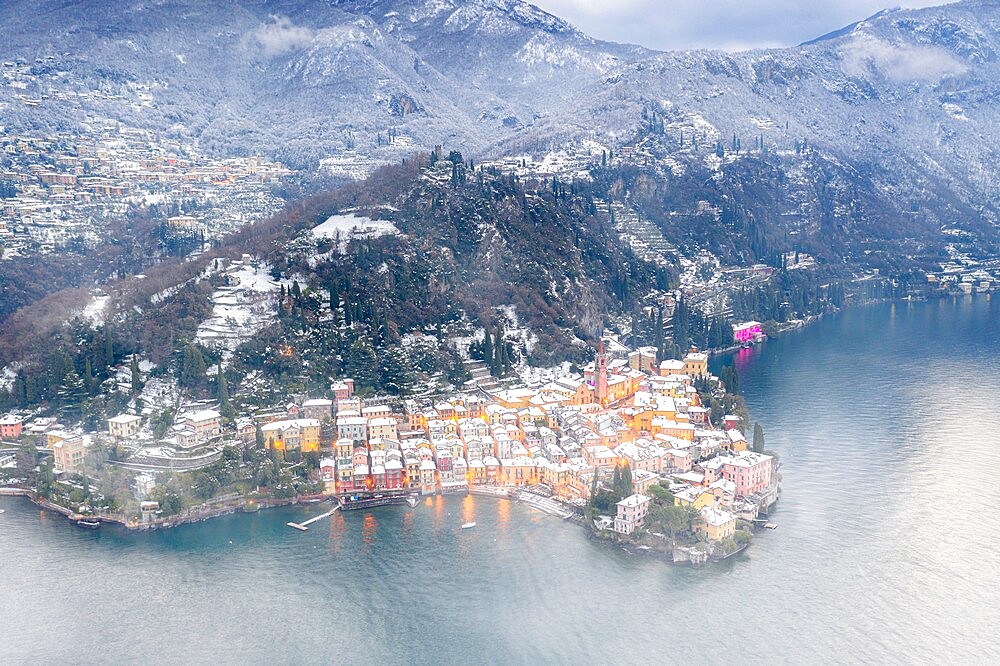 Romantic town of Varenna covered with snow, aerial view, Lake Como, Lecco province, Lombardy, Italian Lakes, Italy, Europe