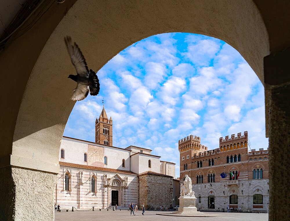 Summer sky over Canapone monument statue and Duomo, Piazza Dante, Grosseto, Tuscany, Italy, Europe