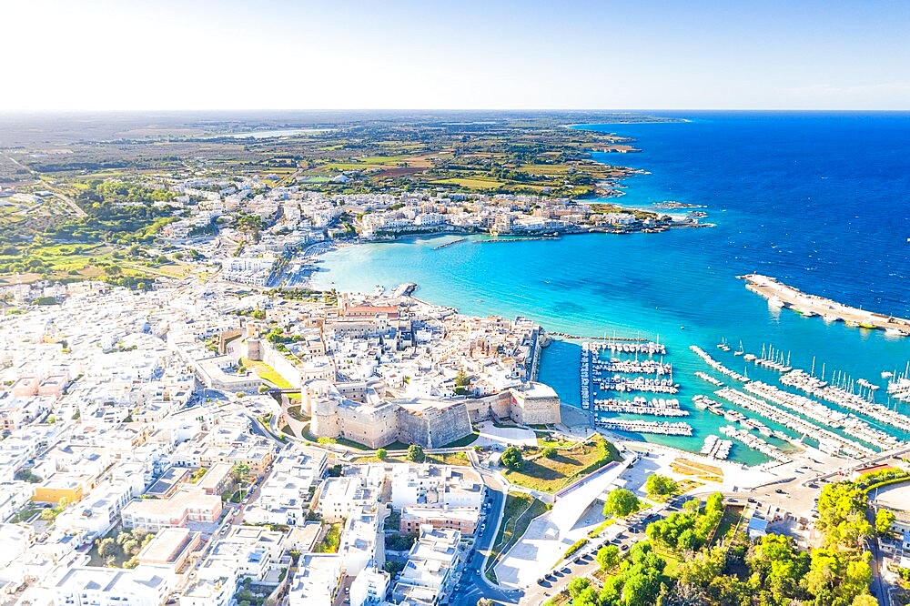 Aerial view of the coastal town of Otranto washed by the turquoise sea, Salento, Lecce province, Apulia, Italy, Europe