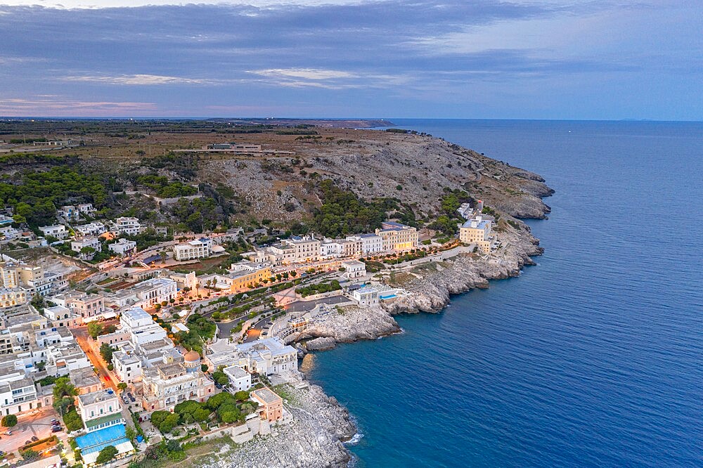 Aerial view of Santa Cesarea Terme at sunset in summer, Lecce province, Salento, Apulia, Italy, Europe