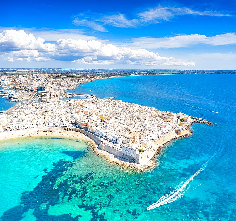 White sand beach washed by the turquoise sea surrounding Gallipoli, aerial view, Lecce province, Salento, Apulia, Italy, Europe