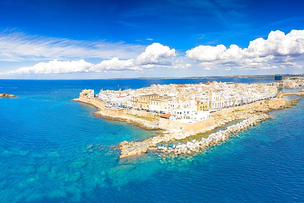 Aerial view of the surrounding walls and old town of Gallipoli in summer, Lecce province, Salento, Apulia, Italy, Europe