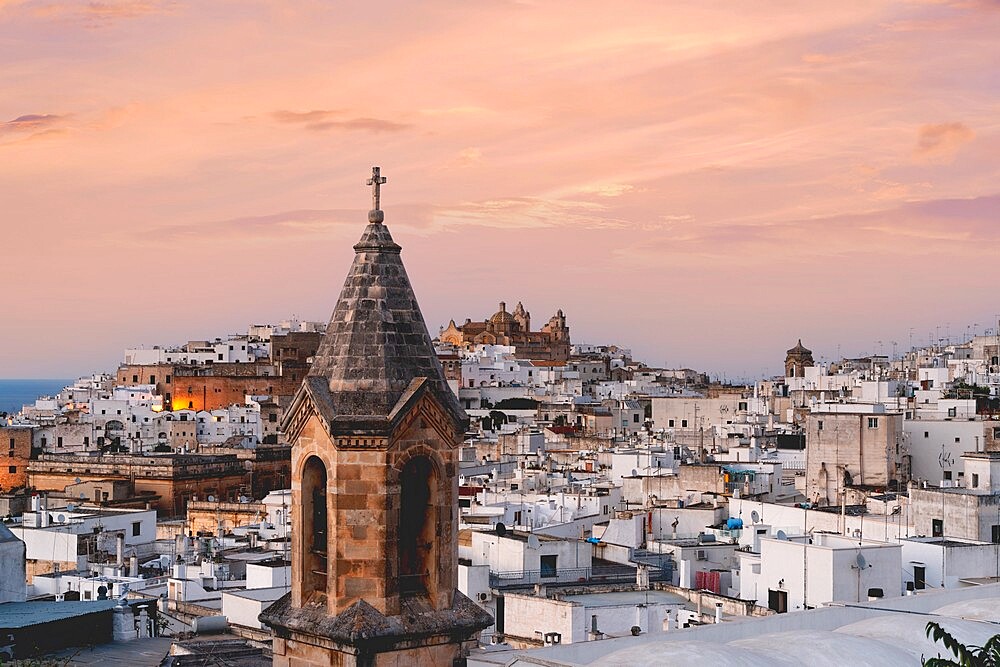 Old town of Ostuni at sunset, province of Brindisi, Salento, Apulia, Italy, Europe