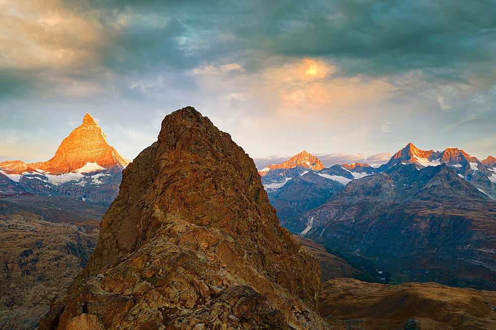 Sunrise over Matterhorn and Dent Blanche view from Riffelhorn, aerial view, Zermatt, canton of Valais, Switzerland, Europe