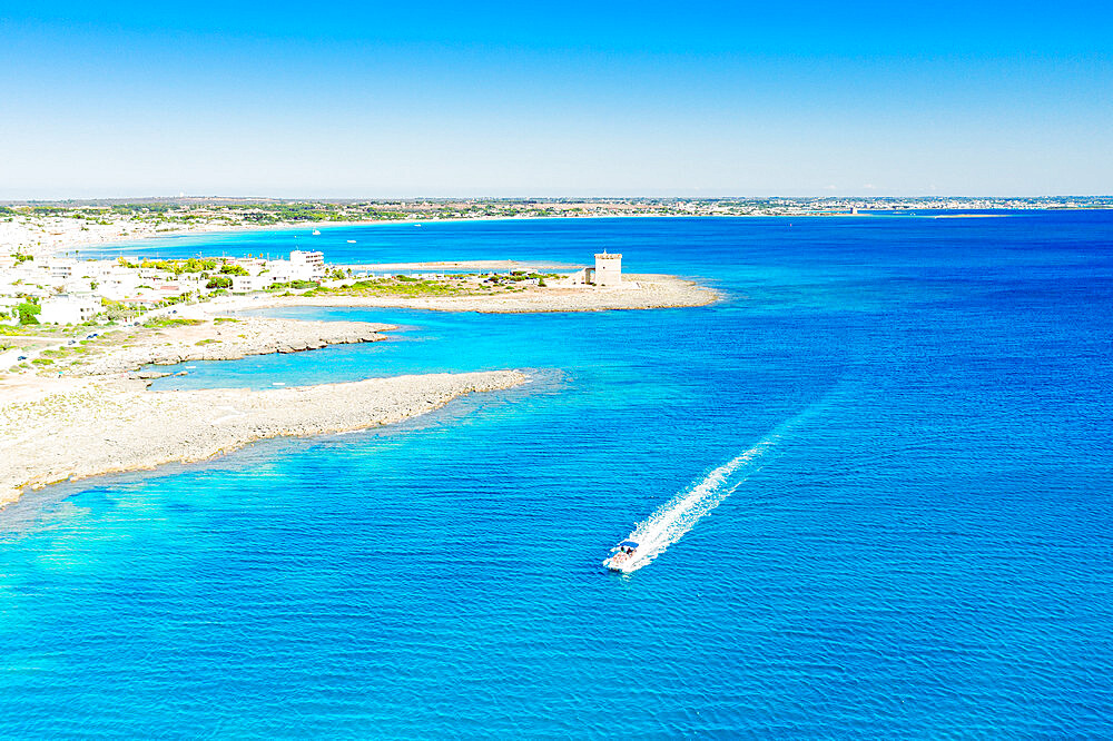 Fishing boat in the blue Ionian Sea, Torre Lapillo, Porto Cesareo, Lecce province, Salento, Apulia, Italy, Europe