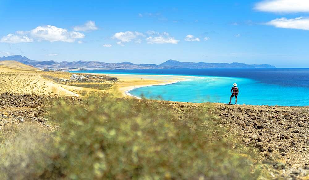 Tourist with straw hat looking at the ocean from Mirador Del Salmo viewpoint, Costa Calma, Fuerteventura, Canary Islands, Spain, Atlantic, Europe