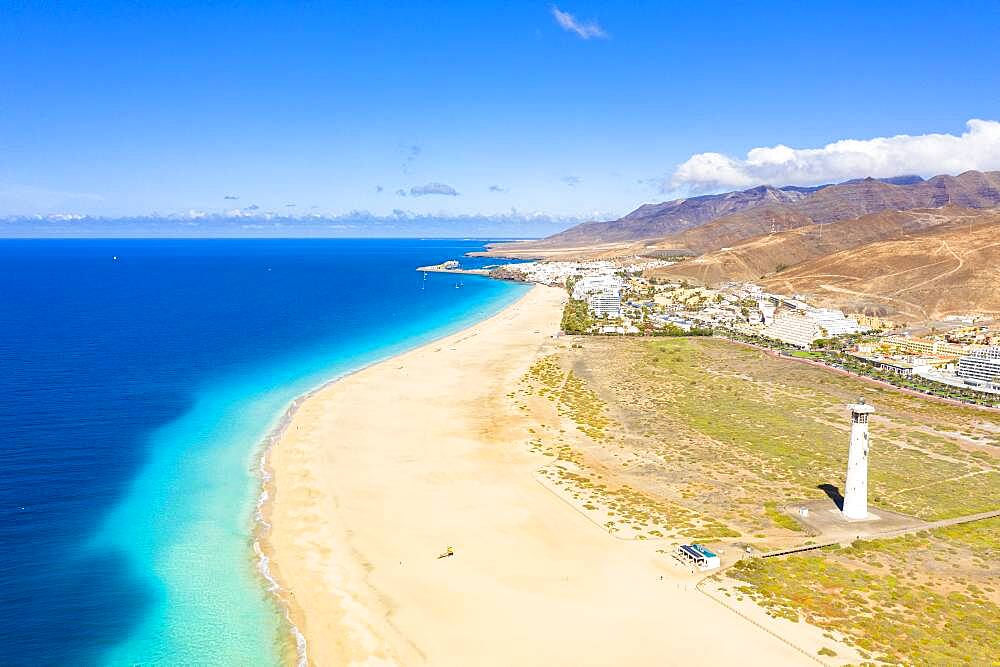 Aerial view of fine sand beach and lighthouse, Morro Jable, Fuerteventura, Canary Islands, Spain, Atlantic, Europe