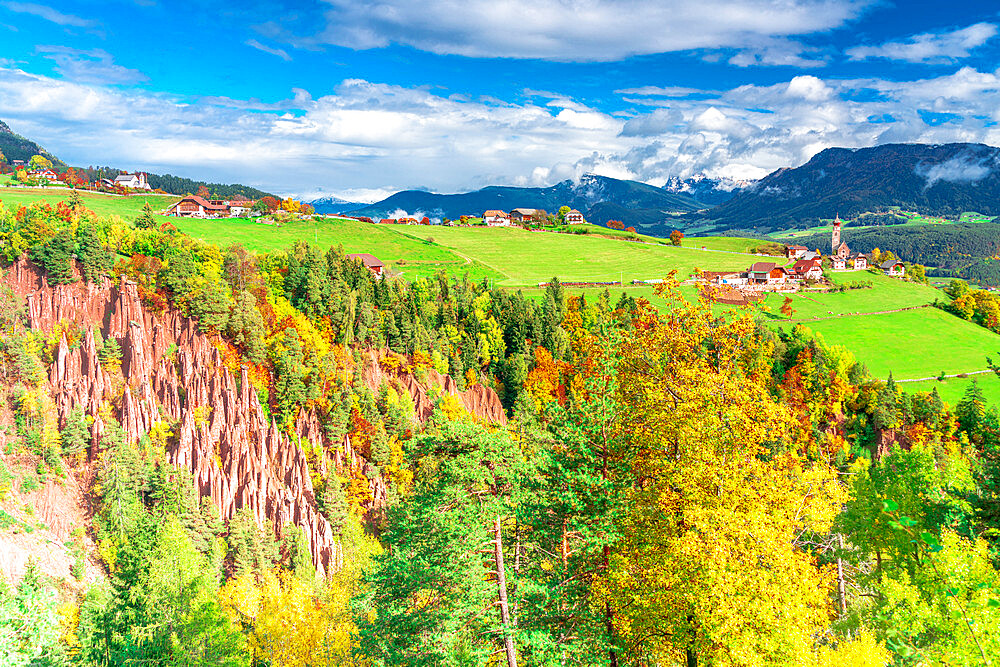 Earth pyramids natural monument of Renon plateau in autumn, Longomoso, Bolzano, South Tyrol, Italy, Europe