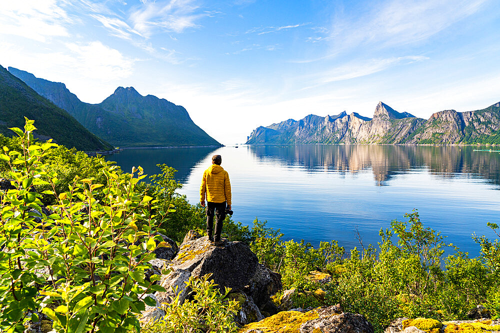 Rear view of photographer admiring the Mefjord blue water standing on rocks, Senja, Troms county, Norway, Scandinavia, Europe