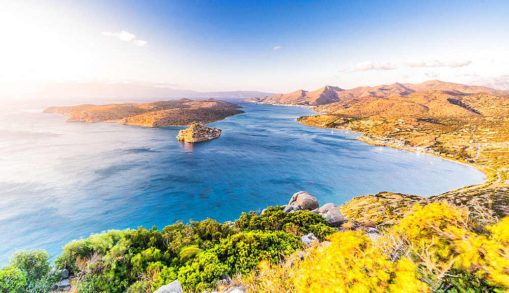 Seaside village of Plaka and Spinalonga island seen from mountains at dawn, Mirabello bay, Lasithi prefecture, Crete, Greek Islands, Greece, Europe