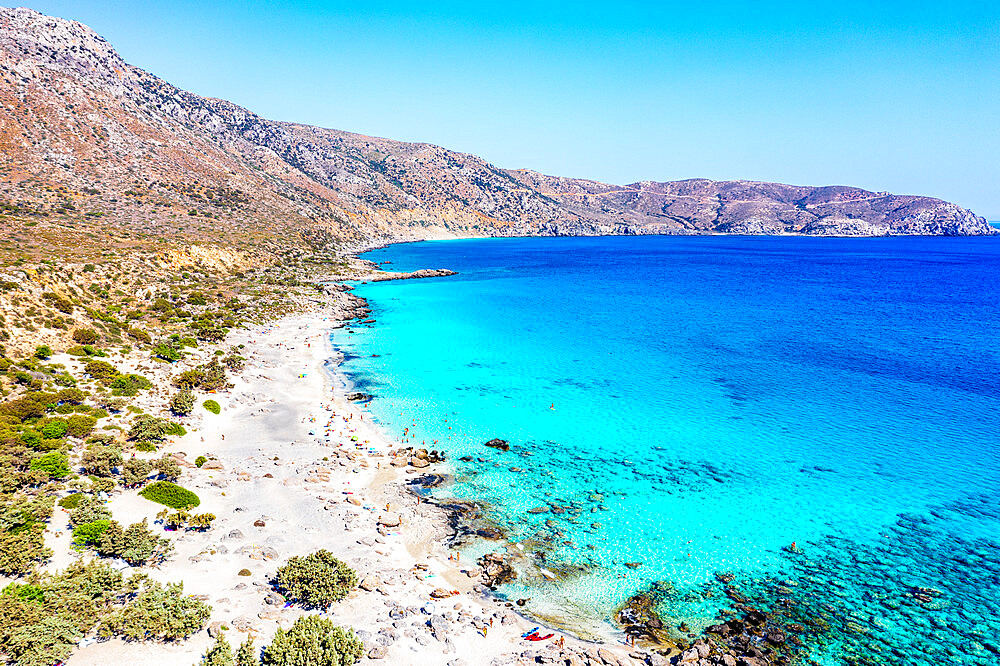 Aerial view of Kedrodasos beach washed by crystal sea, southwest Chania, Crete, Greek Islands, Greece, Europe