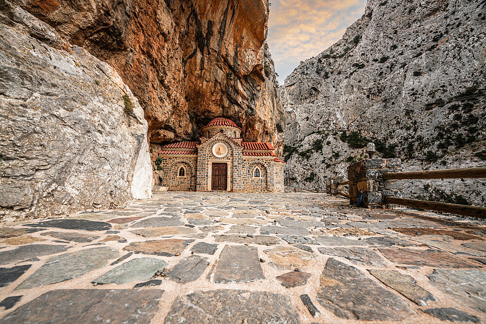 Orthodox chapel Agios Nikolaos nestled in rocks in Kotsifou canyon, Crete island, Greek Islands, Greece, Europe