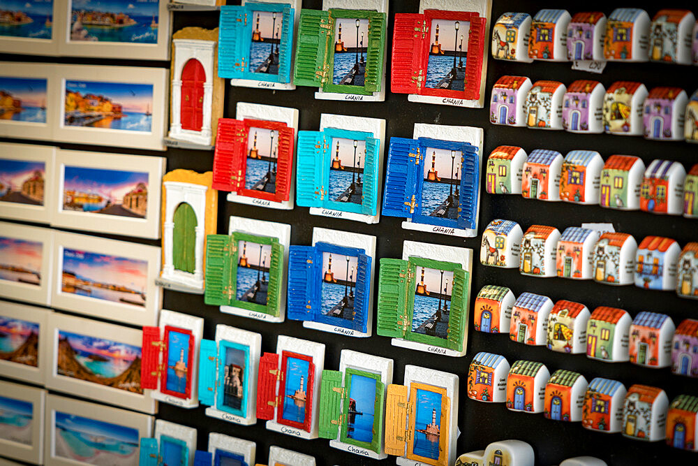 Hand craft magnet souvenirs for tourists in the shops of Chania old town, Crete, Greek Islands, Greece, Europe