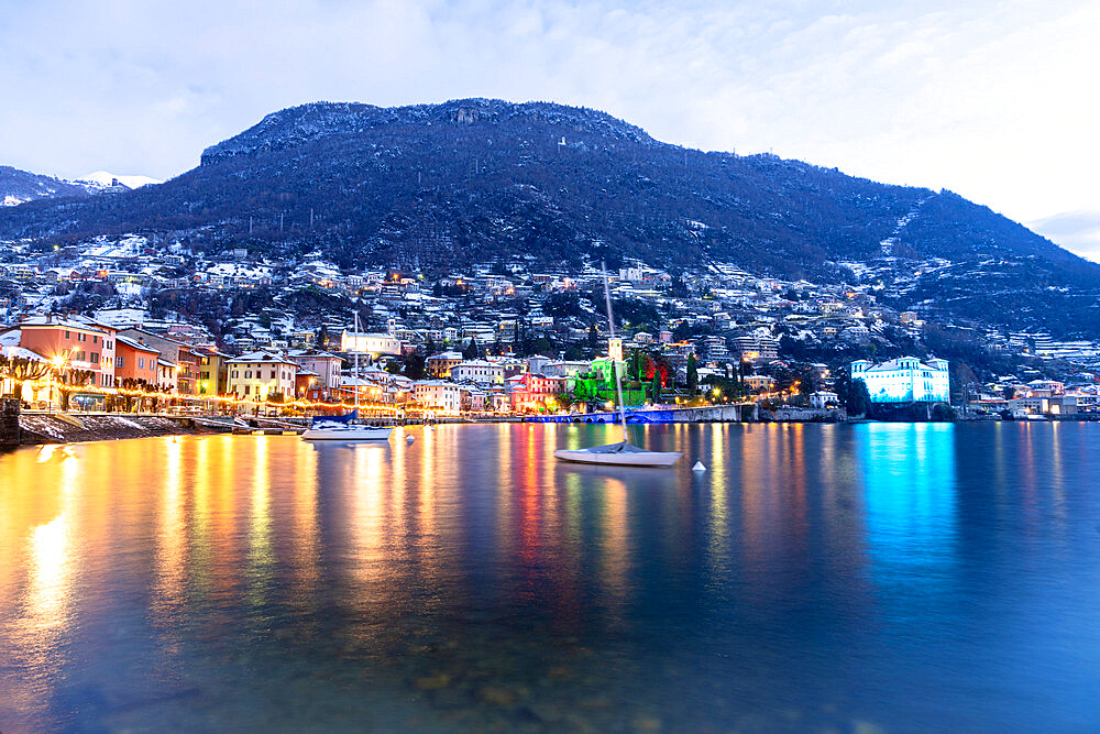 Historic buildings of Gravedona with Christmas Lights during a winter sunrise, Lake Como, province of Como Lombardy, Italian Lakes, Italy, Europe