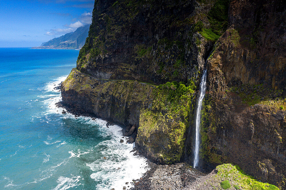 Flowing water of Bridal Veil Fall cascading from rocks, Seixal, Madeira island, Portugal, Atlantic, Europe