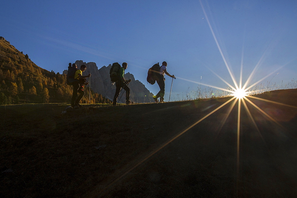 Hikers proceed from Malga Gampen, Funes Valley, South Tyrol, Dolomites, Italy, Europe