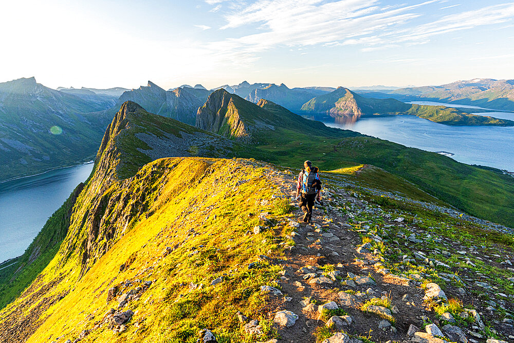 Rear view of man walking on path to Husfjellet mountain peak at sunrise, Senja island, Troms county, Norway, Scandinavia, Europe