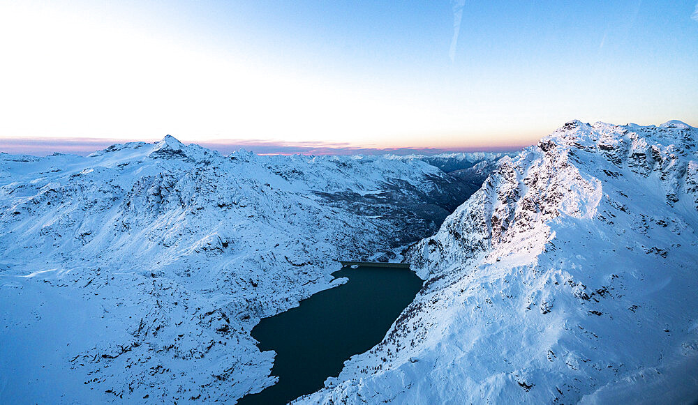 Aerial view of Campo Moro dam and Pizzo Scalino covered with snow, Valmalenco, Sondrio province, Valtellina, Lombardy, Italy, Europe