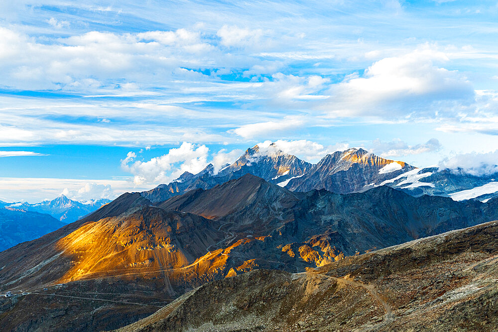 Sunlight over the majestic peaks of Dom, Taschhorn and Alphubel mountains, Zermatt, Valais Canton, Swiss Alps, Switzerland, Europe