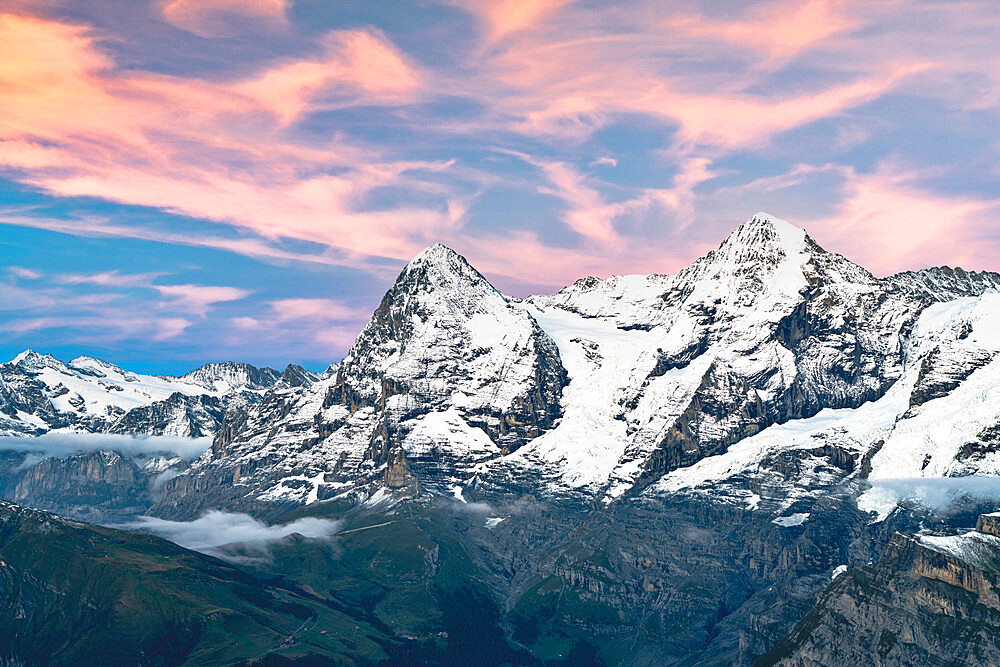 Majestic mountains Eiger and Monch under pink clouds at sunset, Murren Birg, Jungfrau Region, Bern Canton, Swiss Alps, Switzerland, Europe