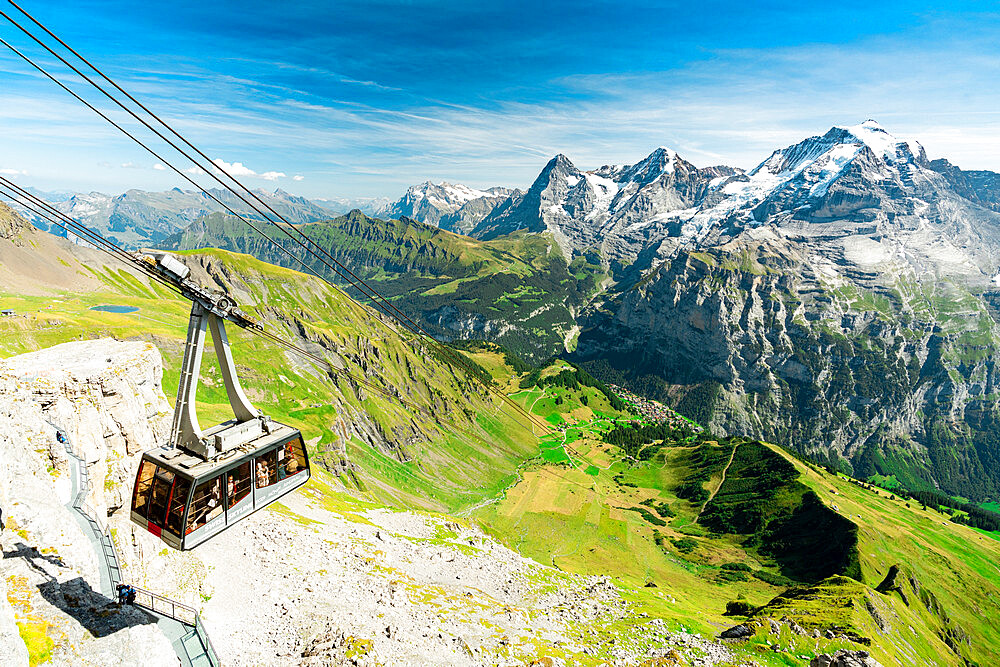 Scenic view of Schilthorn cableway and Swiss Alps, Murren Birg, Jungfrau Region, Bern Canton, Switzerland, Europe