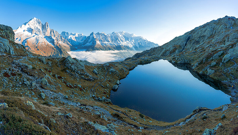 Mont Blanc, Grandes Jorasses, Aiguille Verte majestic peaks view from the pristine Lacs de Cheserys, Haute Savoie, French Alps, France, Europe